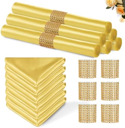 Gold Satin Napkins & Napkin Rings Set, 100 Pack, 12x12 Inch by Eychei
