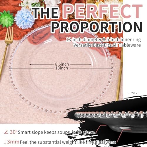 12 Pack Clear Charger Plates Bulk Wedding, 13 Inch Plastic Round Dinner Chargers with Pink Beaded Rim, Acrylic Round Decorative Plates for Wedding Party Home and Tabletop Decor (Pink) - Image 2