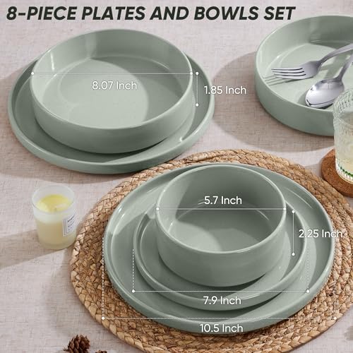 E-far 8-Piece Stoneware Dinnerware Sets with Pasta Bowls, Green - Image 2