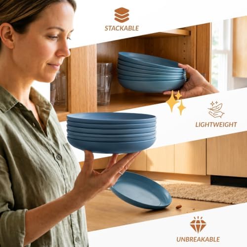 Homienly Wheat Straw Plates 8 inch Deep Dessert Plates Unbreakable Bread and Butter Plates Set of 6 Micorowave and Dishwasher Safe Camping Plates Stackable Plates for Apartment, Dorm (Blue) - Image 5