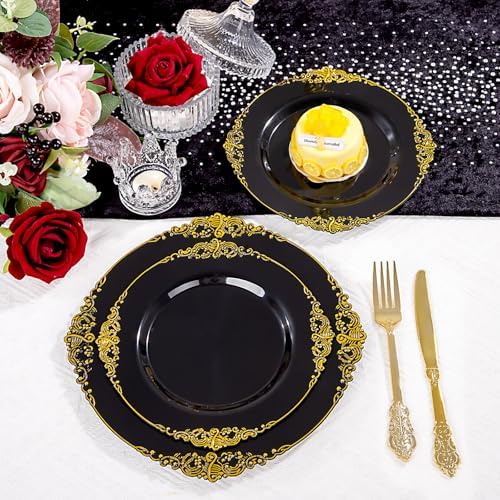 125PCS Black and Gold Plastic Plates for Wedding Party Halloween - Image 5