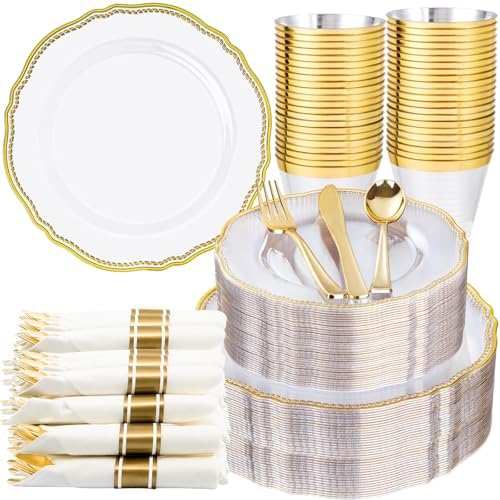 Hioasis 350 Pcs Clear Gold Plastic Plates for Wedding & Party by Hioasis