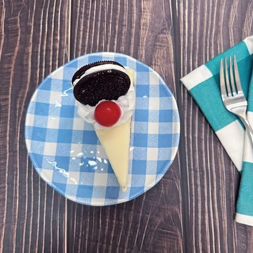 UP Gingham Melamine Round Dessert Plates, Small Serving Plates, for Appetizer, Snacks, and Side Dishes, Blue, 6 Inch, Set of 4 - Image 3