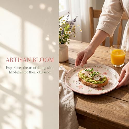 Romantic Pink Peach Blossom Ceramic Dinner Plates, Set of 6, 10.25-Inch Large Serving Plates for Kitchen, Microwave, Oven & Dishwasher Safe - Image 7