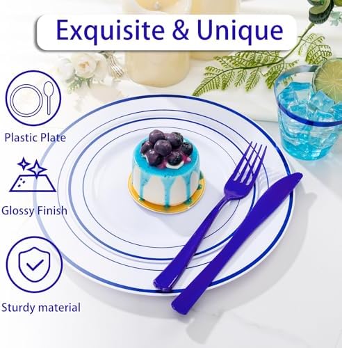 WELLIFE 210 Piece Blue Disposable Dinnerware Set,Plastic Plates for Party, Include: 30 Dinner Plates, 30 Dessert Plates, 30 Pre Rolled Napkins with Gold Silverware and 30 Gold Cups - Image 4
