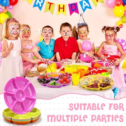 Zhehao 6 Pcs Plastic Divided Serving Trays with 60 Pcs Disposable Fork, 7 Compartments Round Chip Dip Plate, Petal Shape Platter, 10.6'' Snacks Serving Dish for Party Candy Nuts Fruits (Vibrant Color) - Image 4