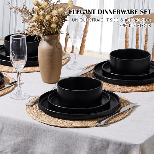 E-far 6-Piece Stoneware Dinnerware Sets, Black Plates and Bowls Set for 2 - Image 3