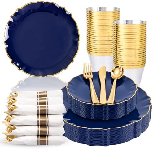 bUCLA 175PCS Navy Blue Plastic Plates - 25 Guests Gold Rim for Party by BUCLA