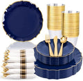 bUCLA 175PCS Navy Blue Plastic Plates - 25 Guests Gold Rim for Party by BUCLA