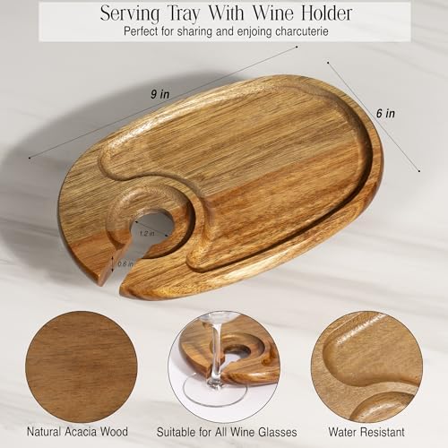 Wine Glass Holder Plates – Acacia Wooden Appetizer & Snack Plates for Party, Wine & Cheese Mini Charcuterie Boards, Set of 4 – Great Gift for Wine Lovers - Image 2