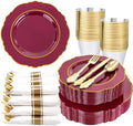 Liacere 175PCS Red Plastic Plates - Disposable Burgundy Red and Gold - 25guest Baroque Plastic Dinnerware include 50Plates, 25Pack Pre Rolled Napkins with Silverware 25Cups for Party & Halloween by Liacere