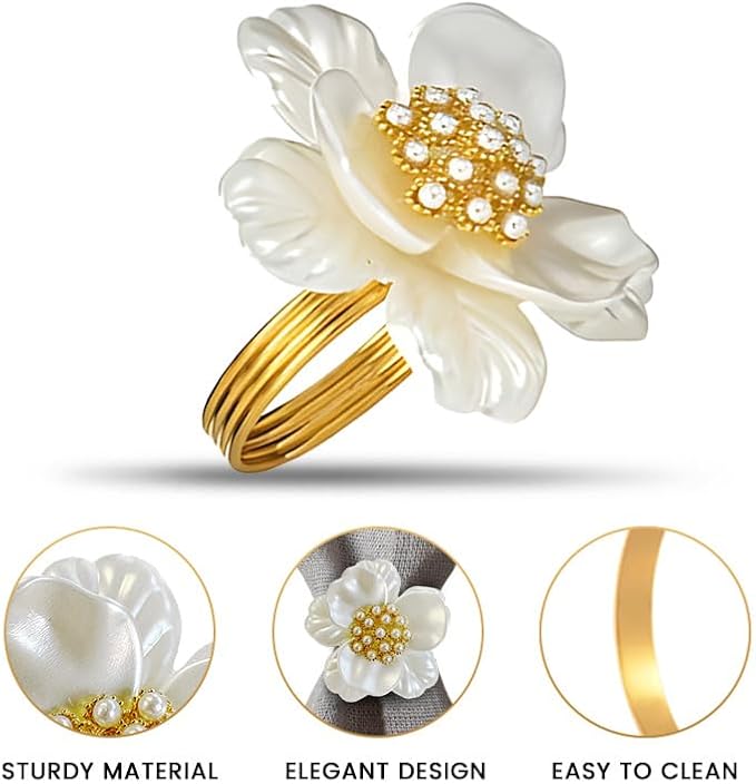 Decozen Set of 12 White Gold Napkin Rings in Floral Design, Festive, Table Decor Setting for Holiday, Wedding, Birthday, Kitchen, Home Decor, Housewarming Gift - Mothers Day Decorations