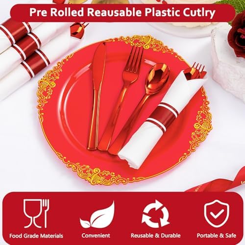 400PCS Pre Rolled Red Plastic Silverware Sets Heavy Duty for Wedding - Image 7