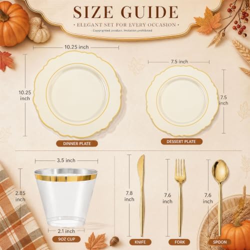 Liacere 150Pcs Ivory Plastic Plates-Ivory and Gold Disposable Plates Set- Ivory and Gold Rim Disposable Plastic Dinnerware include 50Plates,25Pack Silverware and 25Cups for Thanksgiving/Fall Party - Image 3