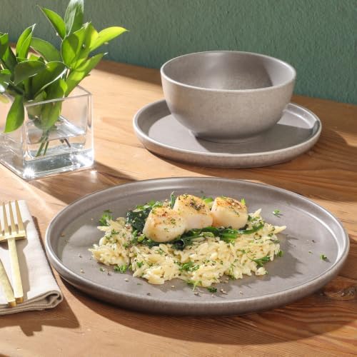 Gibson Elite 12 Piece (Service for 4) Eden Rock Plates and Bowls Reactive Glaze Round Dishes Stoneware Ceramic Dinnerware Set - Grey - Image 5