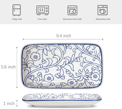 Selamica Ceramic Rectangular Salad Plates Set, Dinner Plate 9.4 Inch Dessert Plates for Party Entertaining, Small Serving Plates for Appetizers, Sushi, Fruit, Set of 4, Vintage Blue - Image 2
