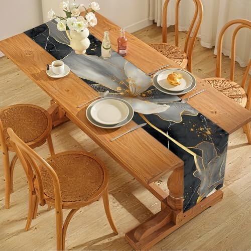 ANNA QUEEN Modern Luxury Table Runner and Placemats Set of 6 – 13"x72" Table Runner & 12"x18" Placemats, Black and Gold Abstract Floral Art Elegant Dining Table Decor - Image 7