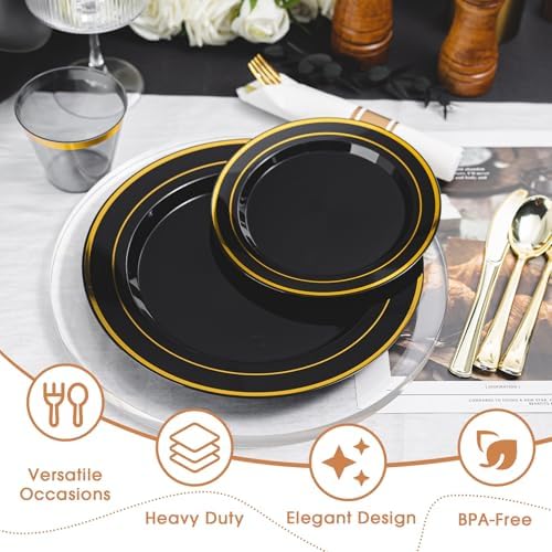 N9R 350PCS Black Gold Plastic Plates, Disposable Dinnerware Set for Party - Image 6