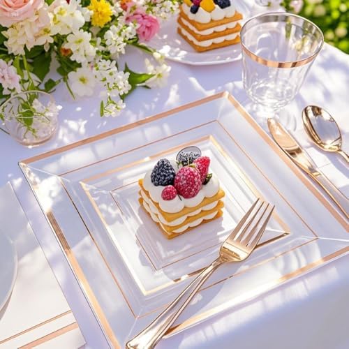 Festiva 350Pcs Rose Gold Plastic Plates - Clear Rose Gold Disposable Dinnerware Sets for 50Guests include 100 Plates 50 Cups 50Plastic Cutlery 50Napkins for Fall Party&Wedding& Bridal Shower - Image 3