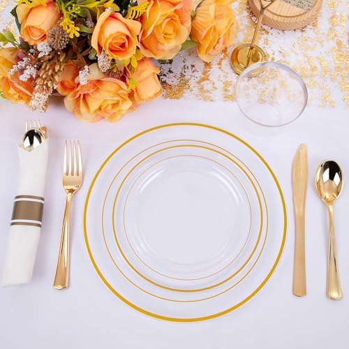 WELLIFE 210PCS Clear-Gold Plastic Plates - Dinnerware Sets for 30 Guests - 60 Disposable Plates, 90 Plastic Silverware, 30 Cups, 30 Napkins for Party - Image 3