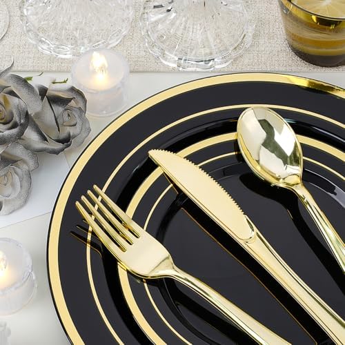 realluck 700 PCS Black Plastic Dinnerware Set for 100 Guests, 200 Disposable Plates for Party, 100 Pre Rolled Napkins with Gold Silverware, 100 Cups for Graduation - Image 4