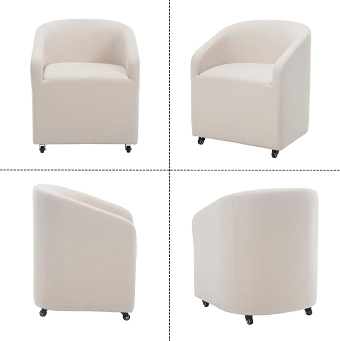 Modern Barrel Dining Chairs with Rolling Casters Set of 2, Upholstered Linen Swivel Dining Room Chairs with Wheels for Kitchen Living Room Home Office, Beige