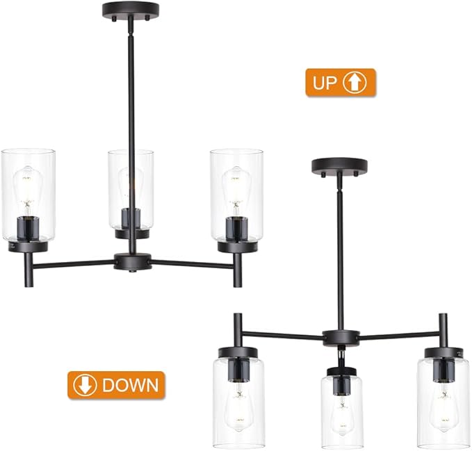 VINLUZ Farmhouse Chandeliers Black 3 Lights with Clear Glass Shades Modern Industrial Pendant Light Dining Room Lighting Fixtures Hanging Adjustable Wire Semi Flush Ceiling Lights