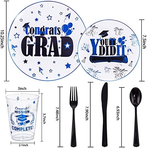 Liacere 150PCS Graduation Plastic Plates - Black and Blue Plastic Plates, Party Plates include 50Plates 25Knives 25Forks 25Spoons 25Cups for Graduation Party - Image 2