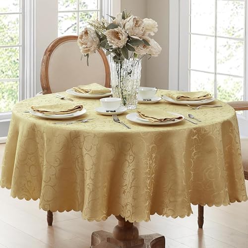 Newbridge Portofino Scalloped Damask Fabric Tablecloth, 90 Inch Round, Gold, Wrinkle and Stain Resistant Fine Dining Holiday Party Table Cover by HomeBargainsPlus