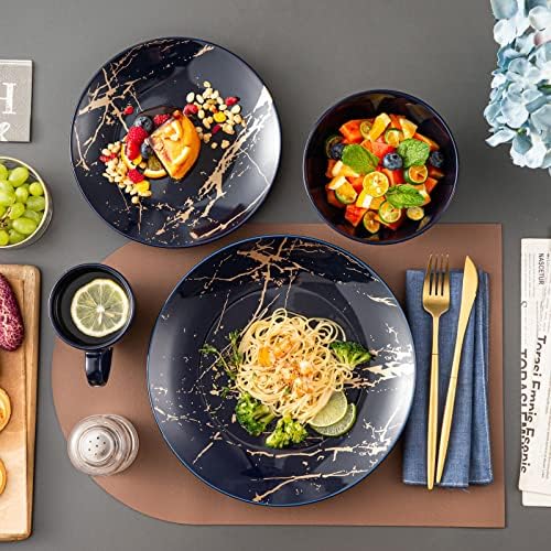 LOVECASA Porcelain Dinnerware Sets for 4, 16 PCS Plates and Bowls Set, Color Glaze with Gold Plate Dish Set, Dinner Sets with Dinner Plates, Dessert Plate, Bowls and Mugs, Dark Blue - Image 6