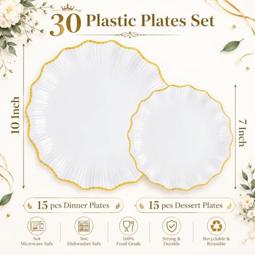 Rubtlamp Heavyduty 60Pcs Gold Plastic Plates - White Scalloped Plates with Gold Trim - Fancy plastic plates- 30 Dinner & 30 Dessert Platos for Party, Wedding (30 Guests) - Image 2
