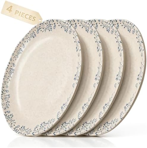 Ceramic Plates Set of 4, 10.5" Porcelain with Blue Floral Border by Unknown
