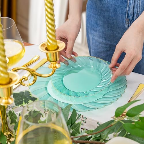 YOUBET 125PCS Clear Green Plastic Plates with Gold Rim for Wedding Party - Image 3