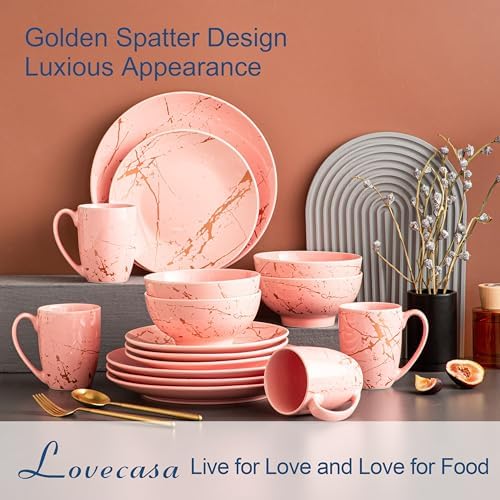 LOVECASA Pink Dinnerware Set for 4, 16 Piece Porcelain Dish With Plates, Bowls and Mugs, Gold Splash Glaze Round Modern Ceramic Dinner Set, Dishwasher Microwave Safe - Image 3