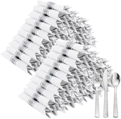 400PCS Silver Wrapped Silverware Set Disposable Hammered for Wedding by Joyido