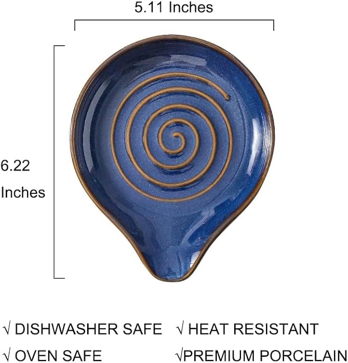 6-Inch Ceramic Spoon Rest - Heat Resistant, Non-Slip for Kitchen Utensils, Spoon Holder Stovetop, Dishwasher Safe - Elegant Spiral Design Blue, Housewarming Gift