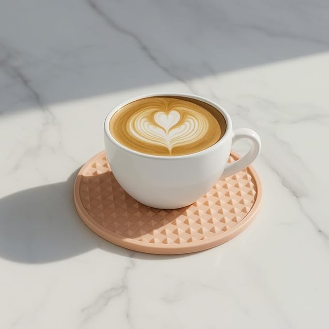 Set of 6 Silicone Coasters, 4'' Drink Coaster with Holder, Round Coasters for Drinks Beer Coffee Home Office Bar Desk Tabletop Protection, Non-Slip Rubber Coaster (Pink, 6 Pcs-Plastic Holder)