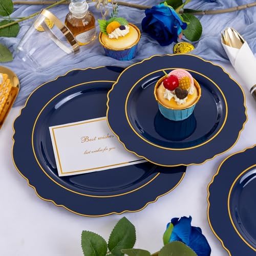 Liacere 175PCS Navy Blue Plastic Plates-Disposable Blue Gold - 25guest Baroque Plastic Dinnerware include 50Plates,25Pack Pre Rolled Napkins with Silverware 25Cups for Party & Wedding & Labor Day - Image 4