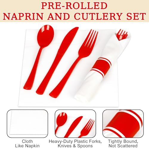50 Pack Pre Rolled Red Plastic Silverware Set with Napkin - Image 7
