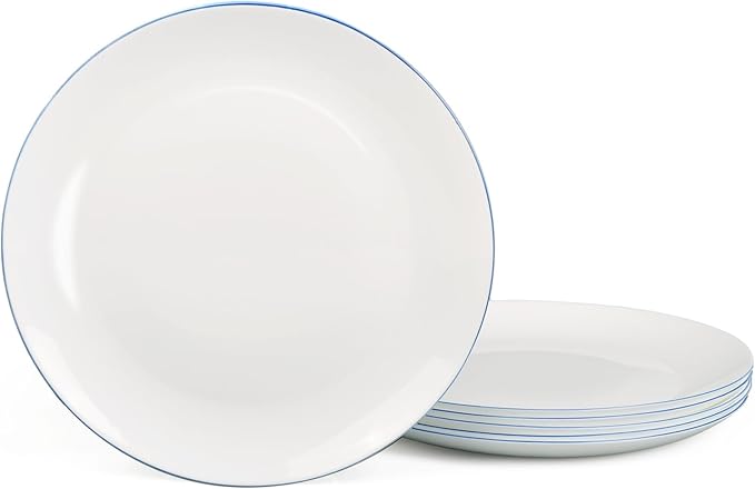 7.5 inch Appetizer Plate Set of 6, Lightweight Opal Glass Round Salad Plates for Dessert Kitchen, Dishwasher and Microwave Safe, Hand Painted Navy Blue Rim