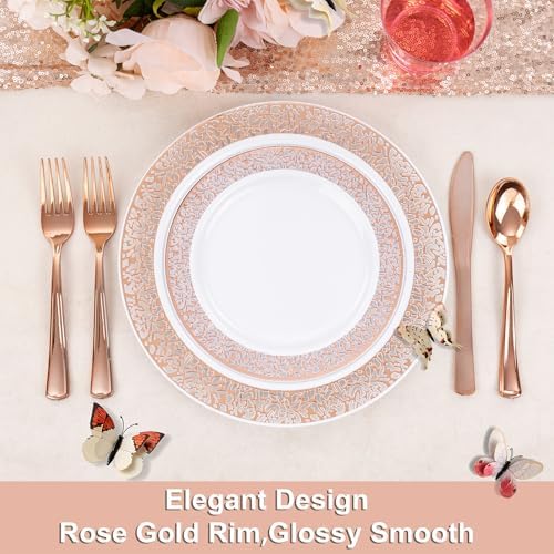 WELLIFE 350 PCS Rose Gold Disposable Dinnerware Set for 50 Guests, Disposable Rose Gold Lace Plates, Include:50 Dinner Plate, 50 Dessert Plates, 50 Pre Rolled Napkins with Silverware and 50 Cups - Image 4