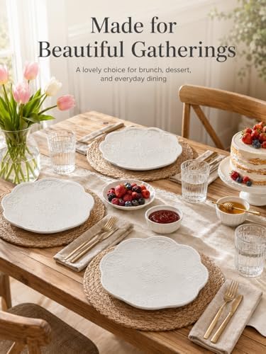 8 Inch Ceramic Salad Plates Set of 4, White Embossed Floral Butterfly Appetizer Plates with Scalloped Edge, Dessert Plates for Salad, Breakfast, Snacks, Microwave Oven Dishwasher Safe - Image 3