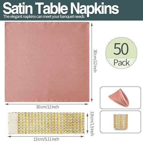 Rose Gold Satin Napkins & Napkin Rings Set, 100 Pack, 12x12 Inch - Image 6