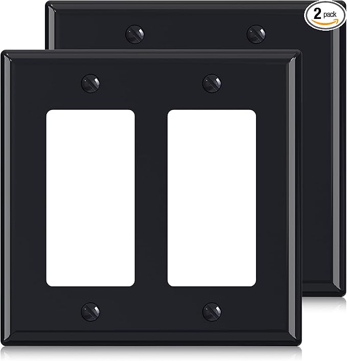 ELEGRP 2-Gang Decorative Wall Plates, Standard Size 4.53" H x 4.57" L Unbreakable Thermoplastic Faceplate Cover for Decorator Receptacle Outlet Switch, UL Listed (2 Pack, Glossy Black)