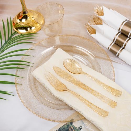 WELLIFE 210Pcs Gold Glitter Dinnerware Set, Gold Glitter Disposable Dinnerware for 30 Guests, Include: 30Dinner Plates, 30Dessert Plates, 90Gold Glitter Silverware, 30 Cups, 30 Paper Napkins - Image 5