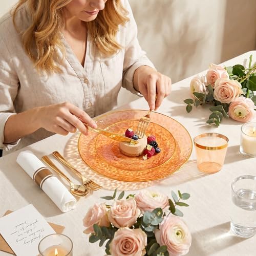 Rubtlamp 700Pcs Orange Gold Plastic Dinnerware Set, Hammered Clear Gold Plates, Fancy Plastic Plates Include 100 Dinner Platos, 100 Salad Platos, 100 Cups, 100 Pack Pre Rolled gold plastic Silverware - Image 7