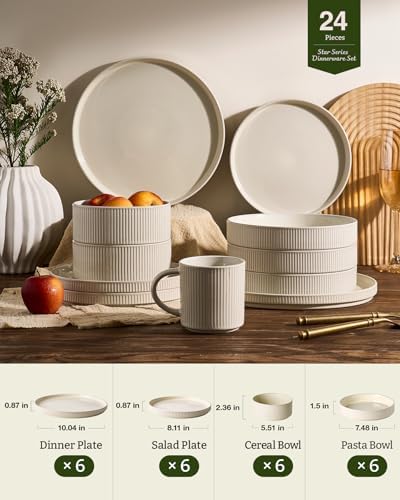 Famiware Stoneware Dinnerware Set with Pasta Bowls, Oat White Dishes for 6 - Image 6