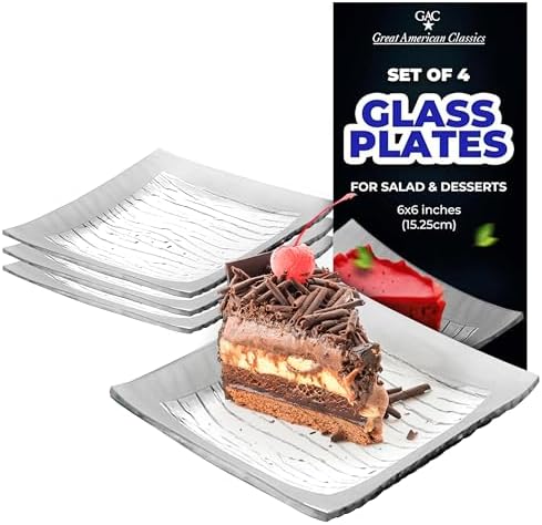 Tempered Glass Dessert Plates – 6 Inch Elegant Square Appetizer Plates, Modern Serving Dishes for Snacks, Salads & Sweets, Durable, Microwave & Dishwasher Safe – Set of 4, Silver Rain Flower by GAC