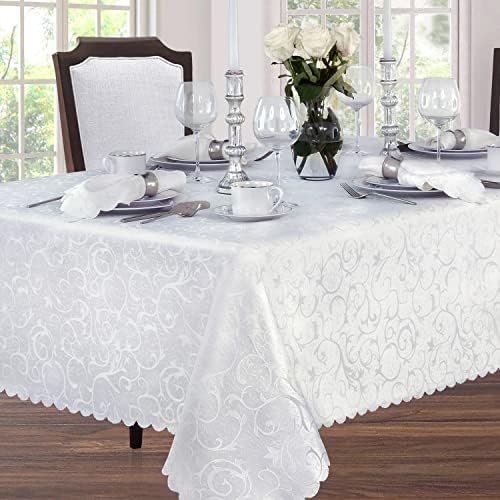 Newbridge Portofino Scalloped Damask Fabric Tablecloth, 60 x 120 Inch Rectangle, White, Wrinkle and Stain Resistant Fine Dining Holiday Party Table Cover - Image 2