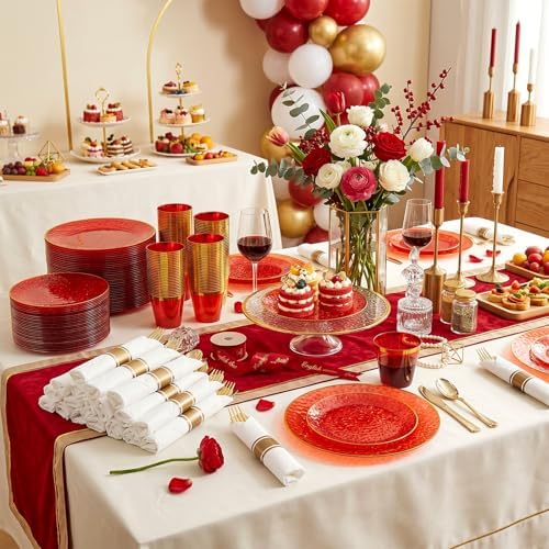 Rubtlamp 700Pcs Red Gold Plastic Dinnerware Set, Hammered Red Gold Plates, Fancy Plastic Plates Include 100 Dinner Platos, 100 Salad Platos, 100 Cups,100 Pack Pre Rolled gold plastic Silverware - Image 6